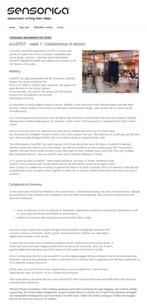 Week 1 blog post by New Brunswick blogger Winluck Wong for eco2FEST