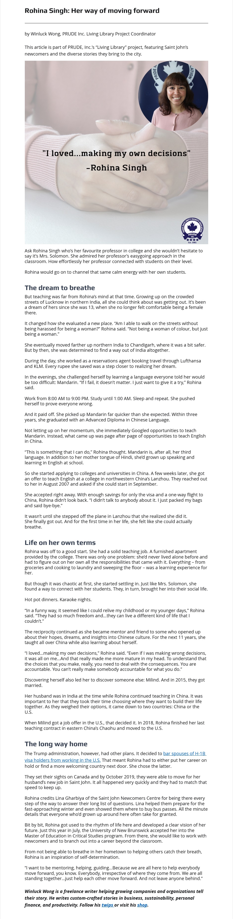 Profile article 01 by Winluck Wong, New Brunswick freelance writer