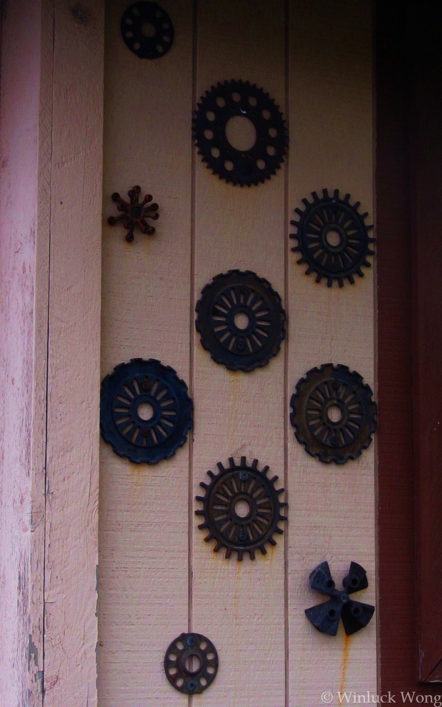 Metal cogs stylized as flowers on a wall photo for "Wallflower" poem by Winluck Wong poetry writer in NB